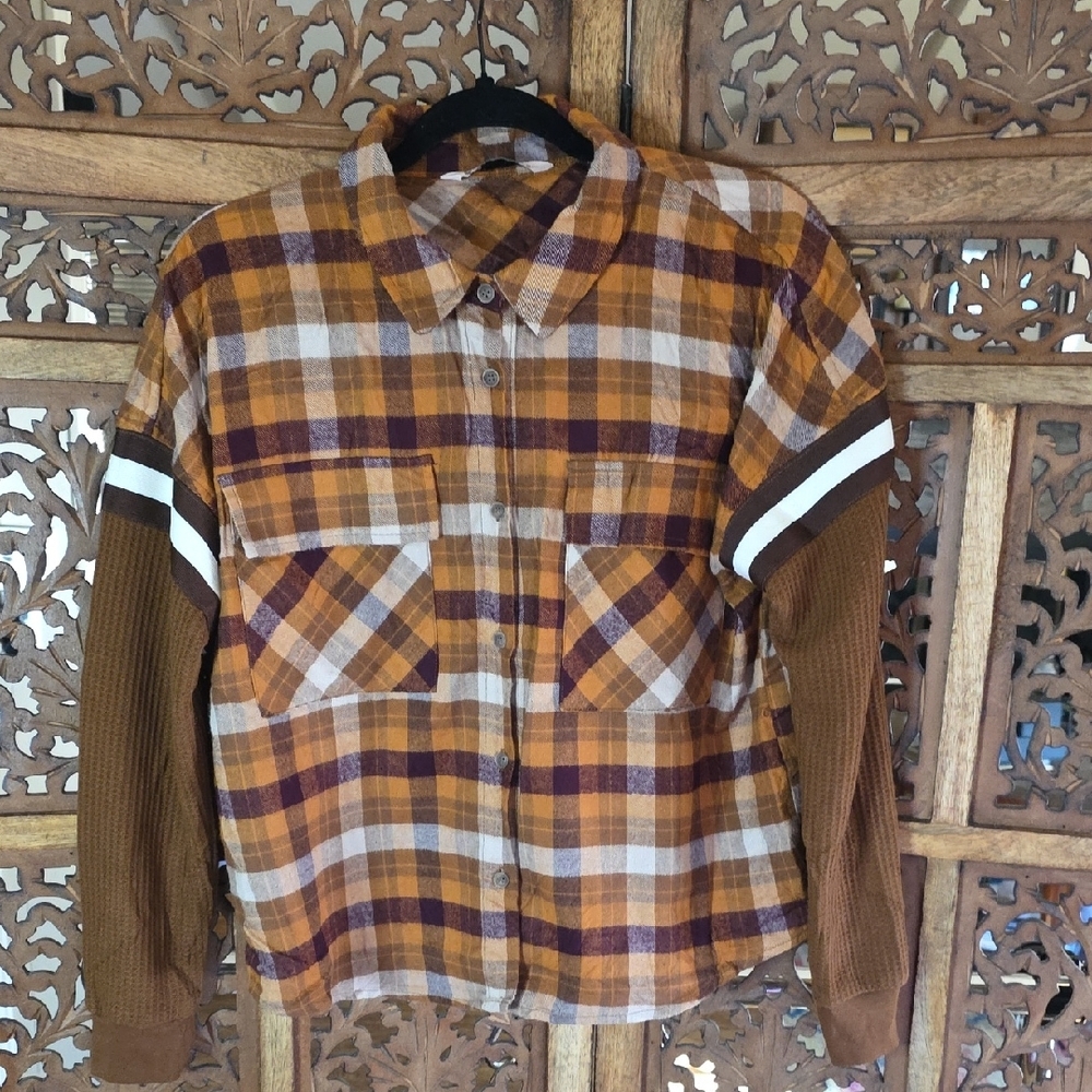 SO Mustard Plaid Button-Down Shirt with Brown Sleeve Details